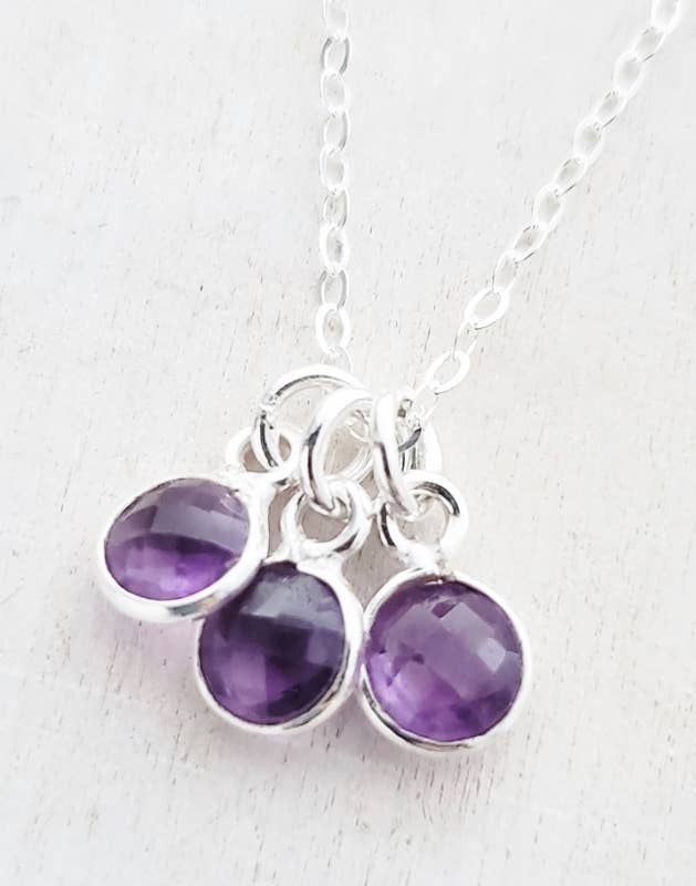 Silver Gemstone Cluster Trio Necklace - Amethyst
