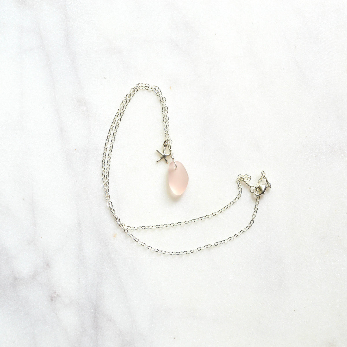 Tiny Frosted Glass & Starfish Necklace Silver