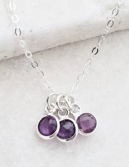 Silver Gemstone Cluster Trio Necklace - Amethyst