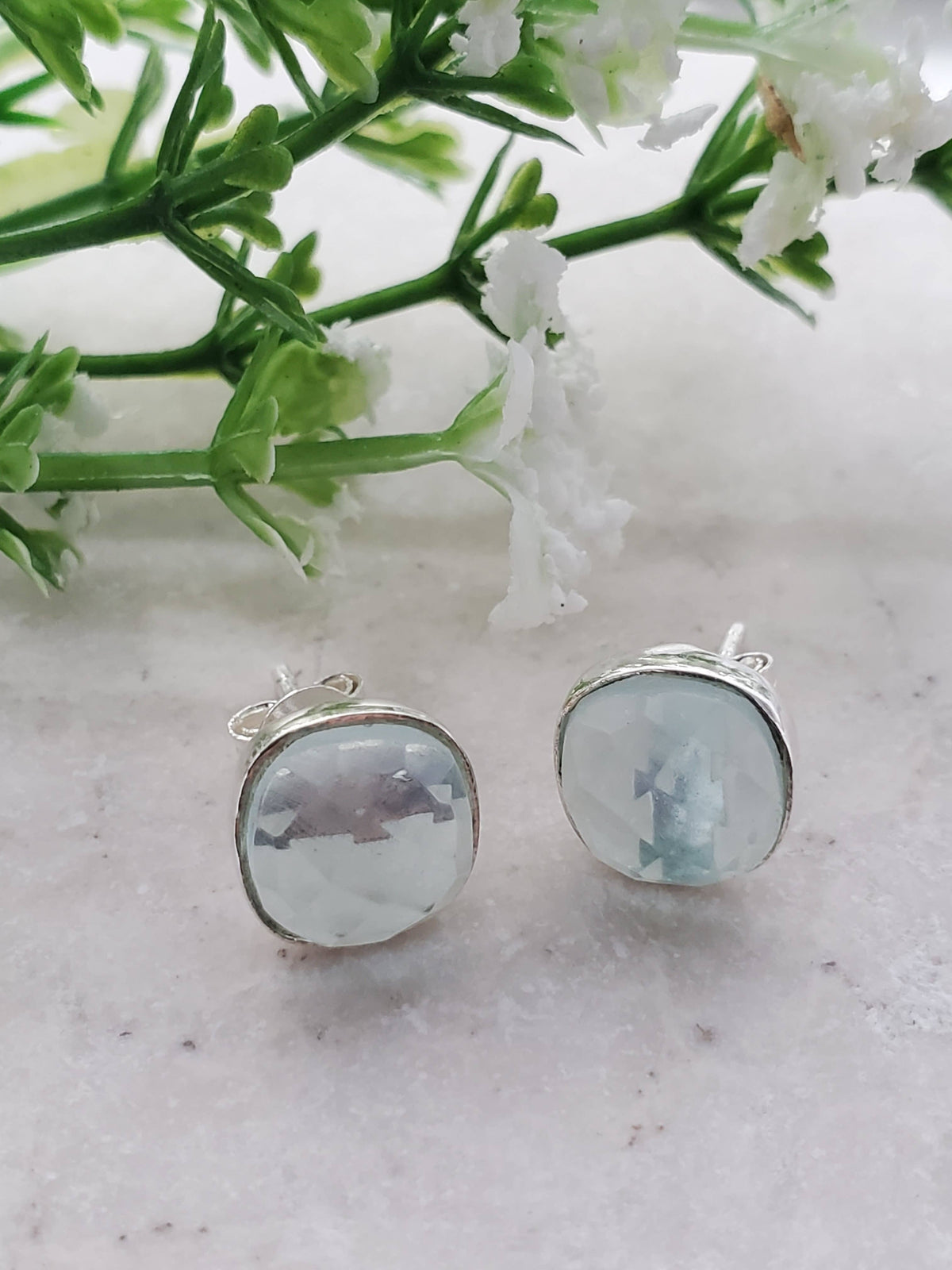 Sterling Silver Cushion Studs - Sea Foam Chalcedony