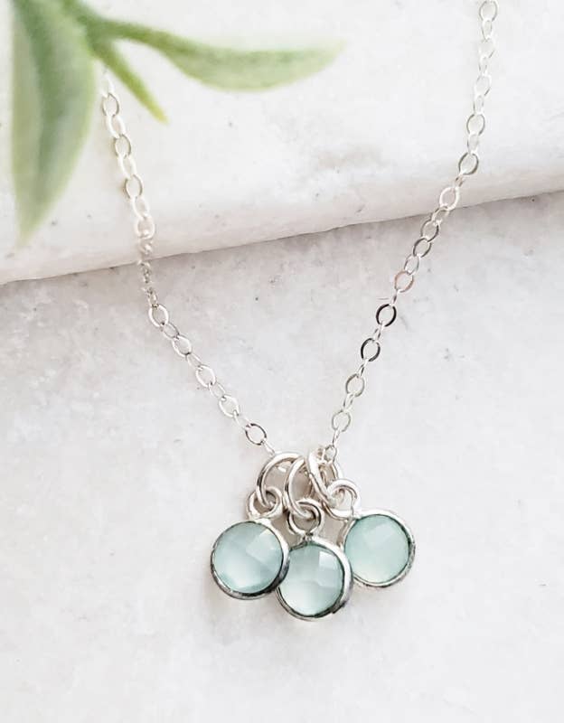 Silver Gemstone Cluster Trio Necklace - Aqua Chalcedony