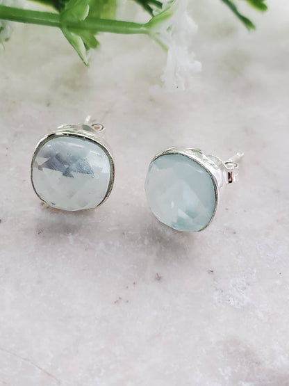 Sterling Silver Cushion Studs - Sea Foam Chalcedony