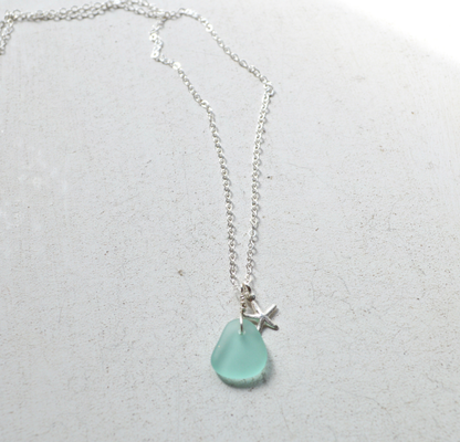 Tiny Frosted Glass & Starfish Necklace Silver