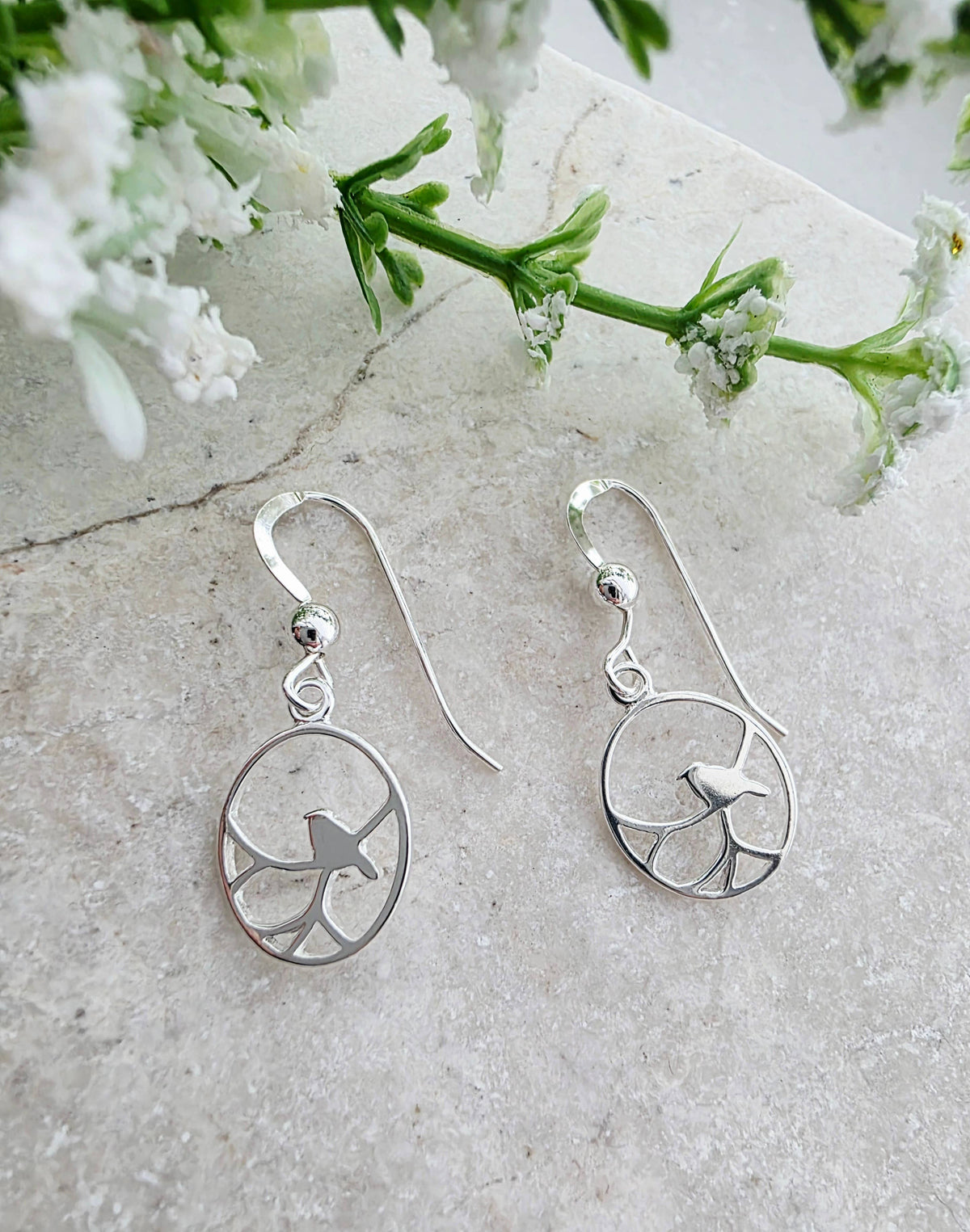 Silver Nightingale Bird Earrings