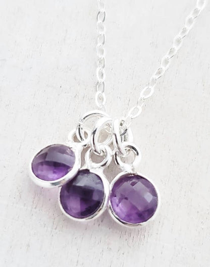 Silver Gemstone Cluster Trio Necklace - Amethyst