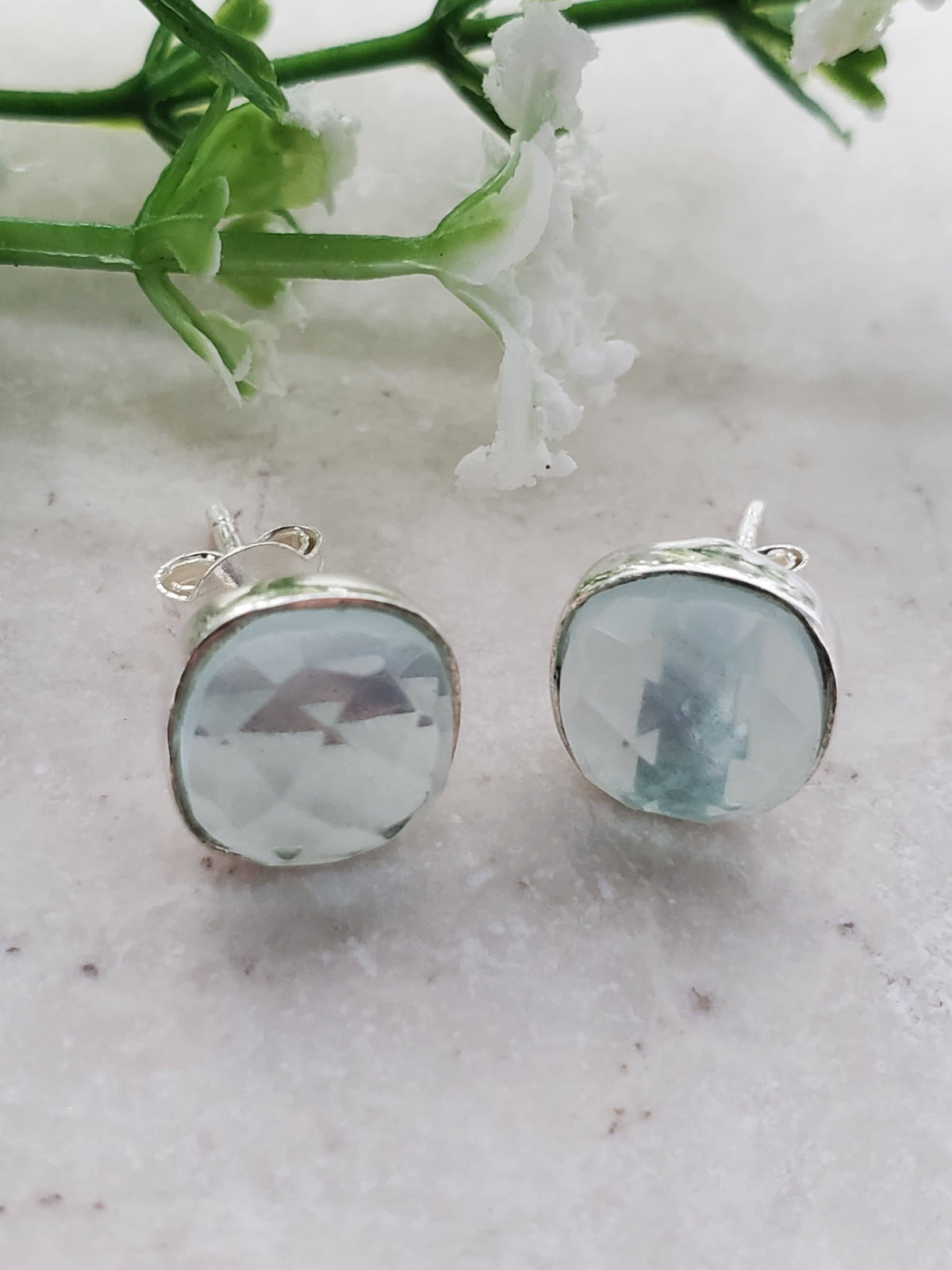 Sterling Silver Cushion Studs - Sea Foam Chalcedony