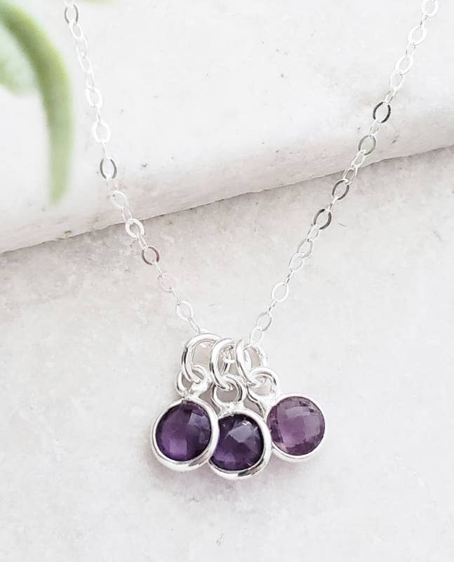 Silver Gemstone Cluster Trio Necklace - Amethyst